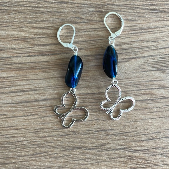 HAND CRAFTED BUTTERFLY EARRINGS, Blue and Silver - Picture 1 of 12
